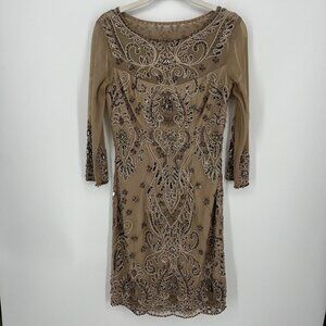 Sue Wong Nocturne Womens Beaded Knee Length Dress Gown Size 2 Tan Beige Sheer